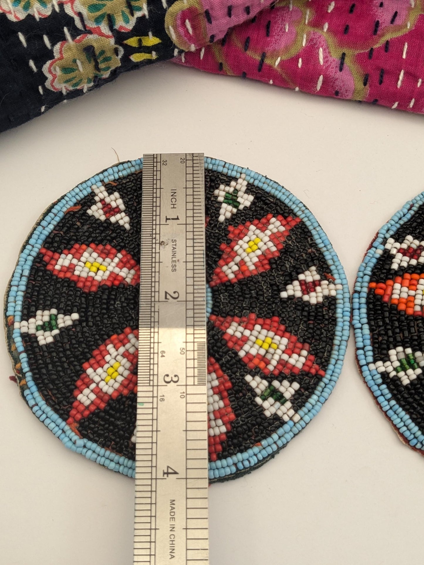 Pair Beaded Tribal Gul Flowers Vintage Baloch Patches Black Beads (17259)