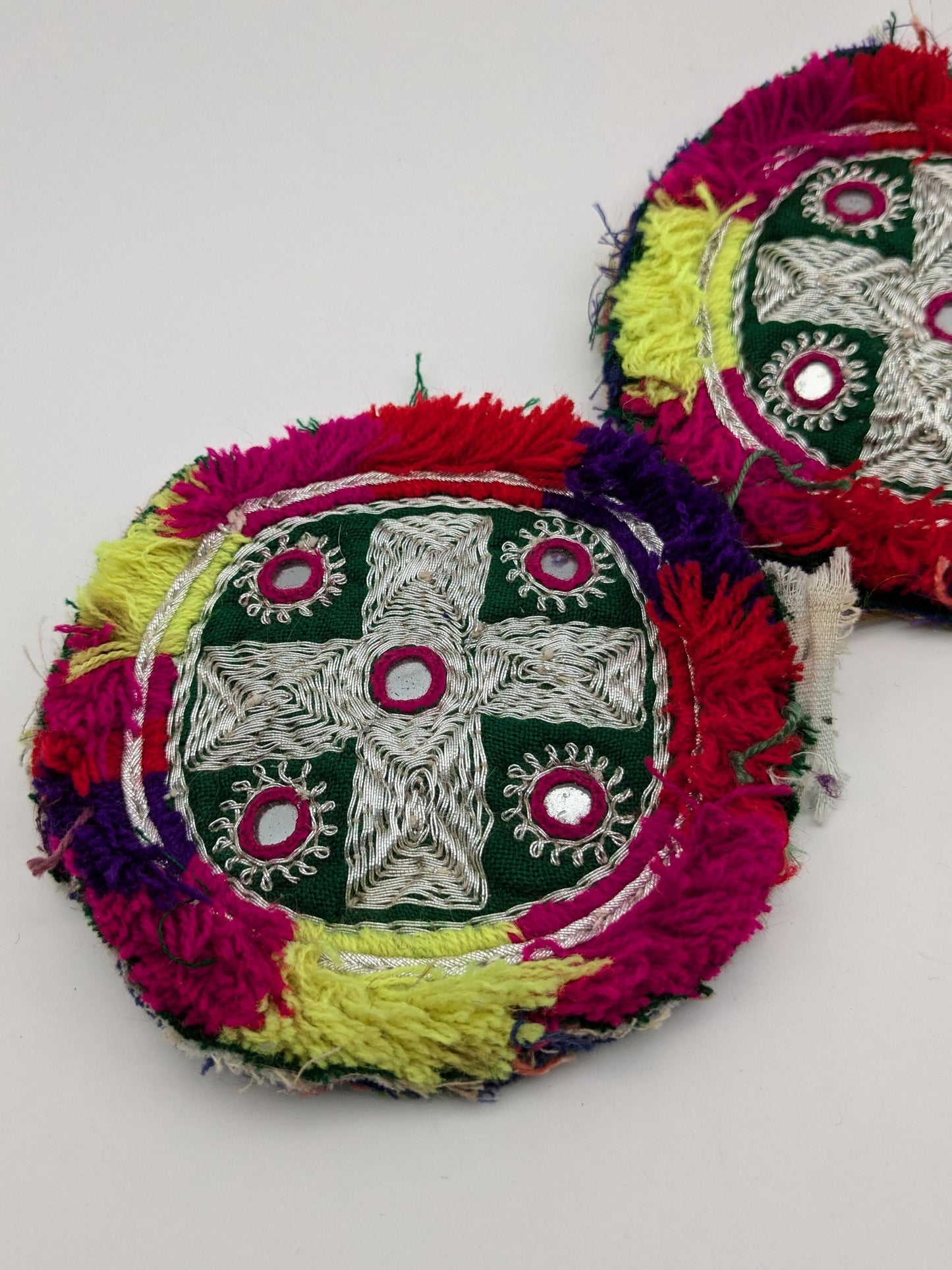 Pair Embroidered Kuchi Gul Round Medallions Colorful Bright (17153)