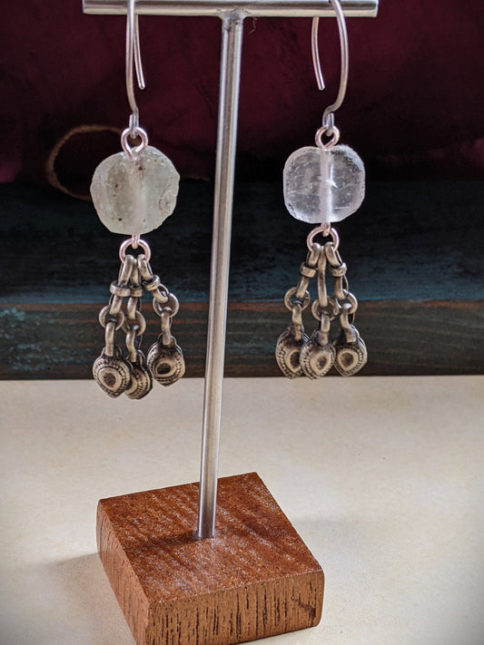 Roman Glass Bead Earrings with Vintage Kuchi Dangles 2.25" Long Handmade OOAK Jewelry (#14808)