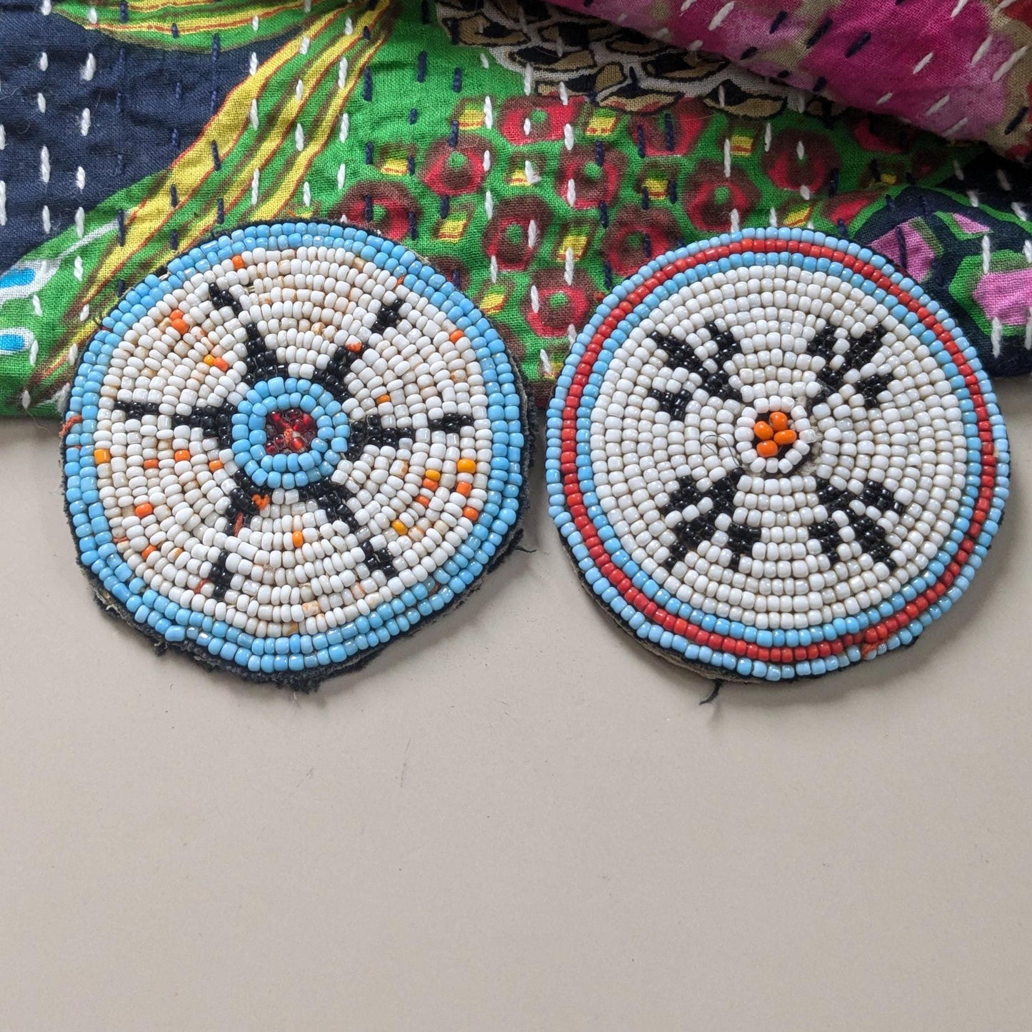 Vintage Beaded Kuchi Tribal Gul Flowers Patches Mismatched Pair (17267)