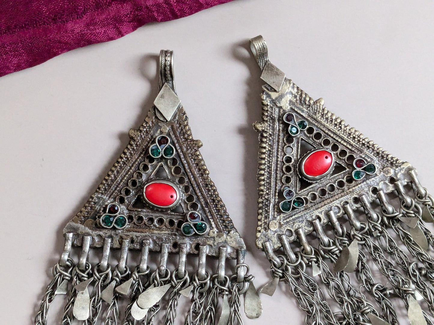 Vintage Afghan Kuchi Tribal Tikka Hair Tassels 14" Traditional Temporal Jewelry (16377)