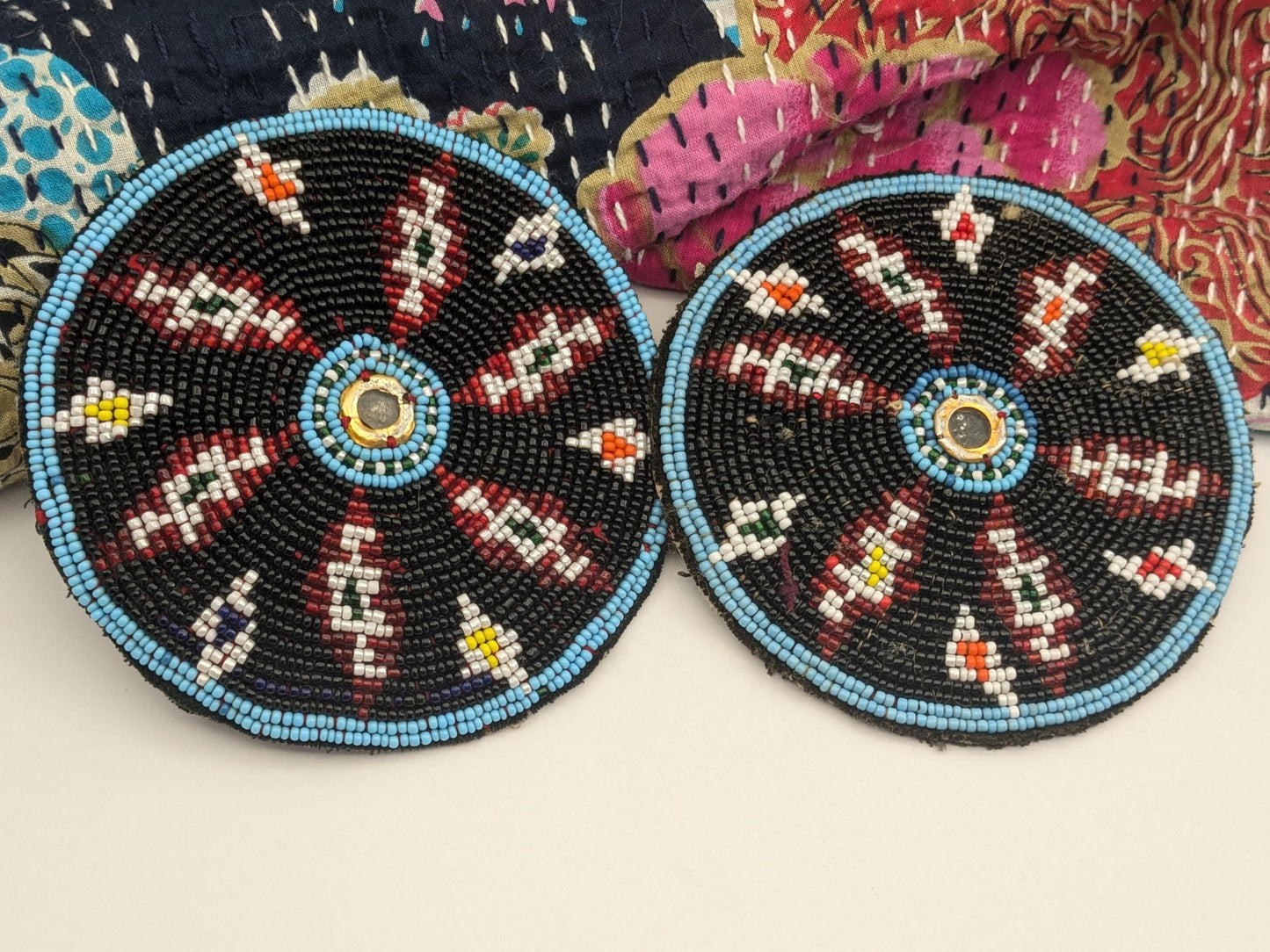 Pair Beaded Tribal Gul Flowers Vintage Baloch Patches Black Beads (17258)