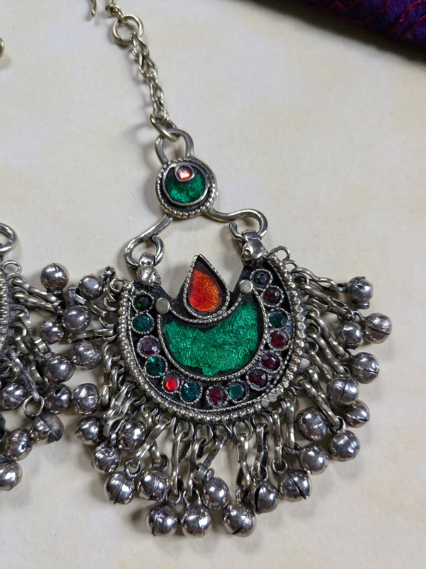 Matching Pair Vintage Kuchi Tribal Hair Pendants Tikka Jhoomer Green Crescent Moon Polished (16388)