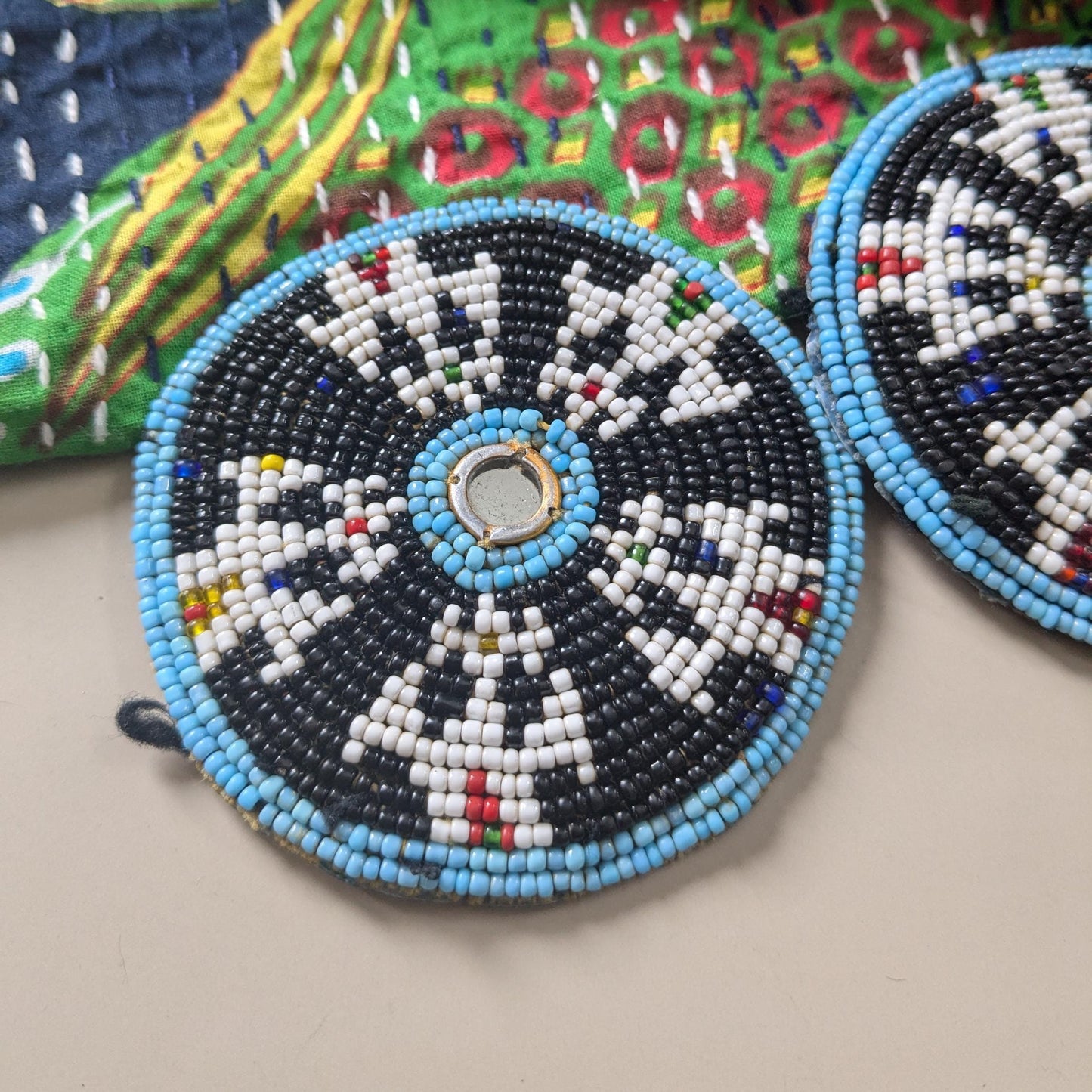 Beaded Gul Flowers from Balochistan Matching Pair Black Beads 3" (17273)