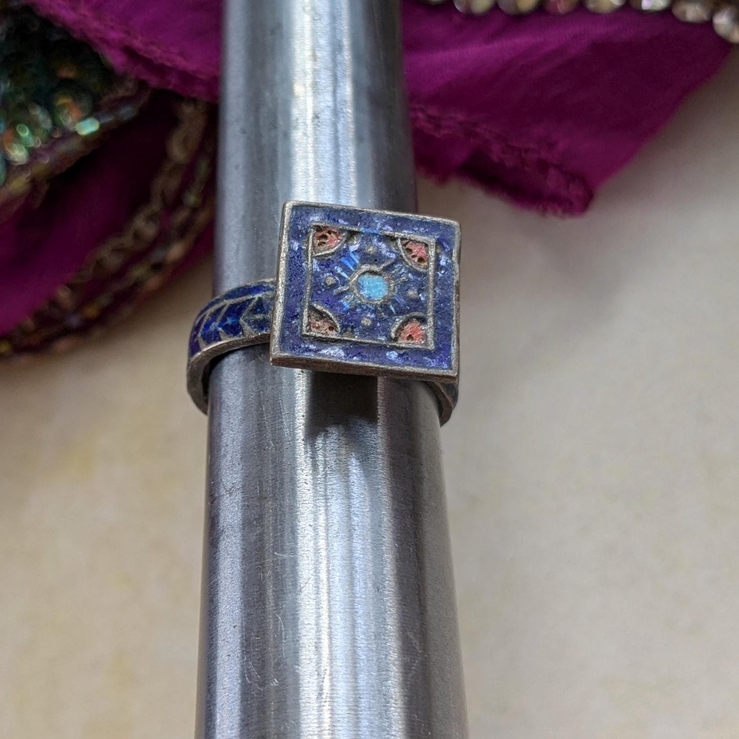 Vintage Multan Blue Enamel Ring Punjab Pakistani Jewelry 7.25 US (17182)