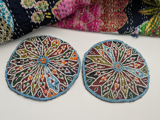 Vintage Kuchi Tribal Beaded Gul Flower Patches LARGE Pair (17261)