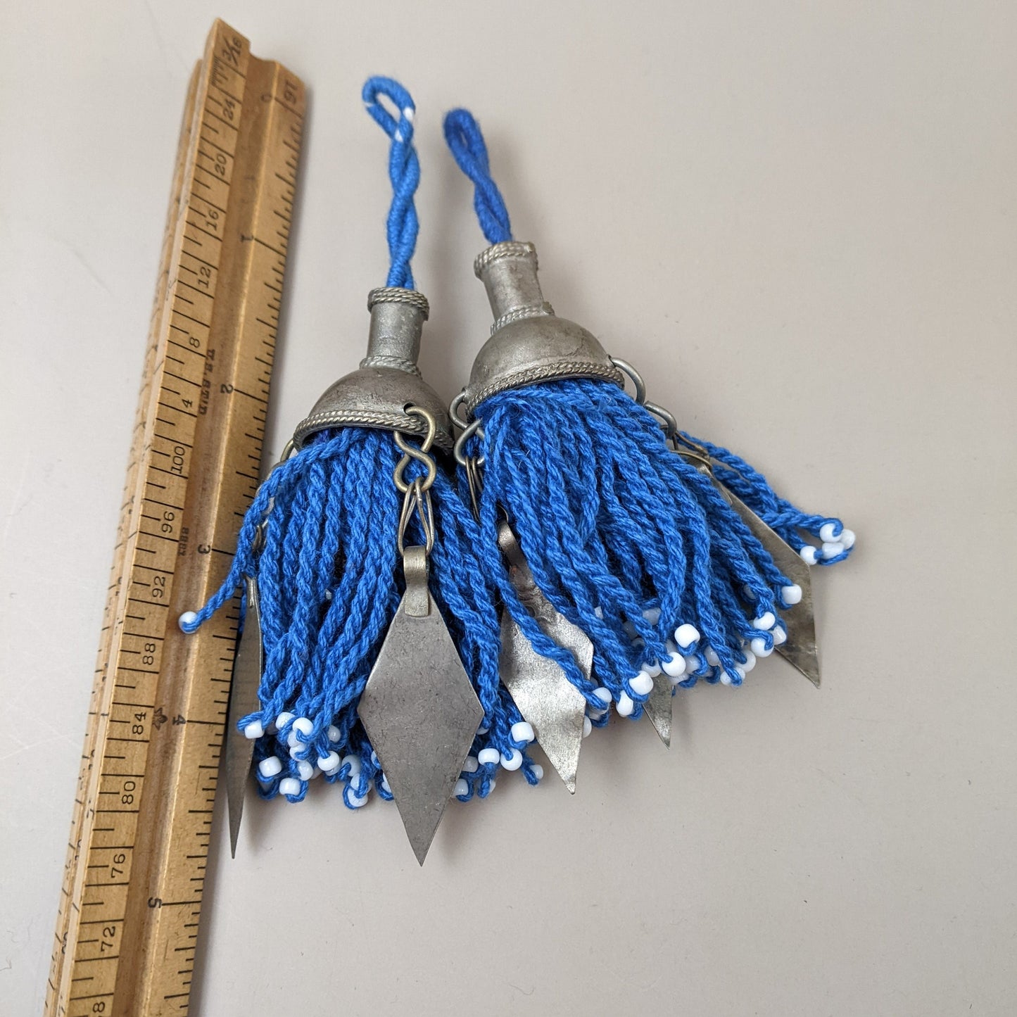 Turkmen Tassels Unique Vintage Tops Pointy Dangles Pair Light Cobalt Blue (15164)