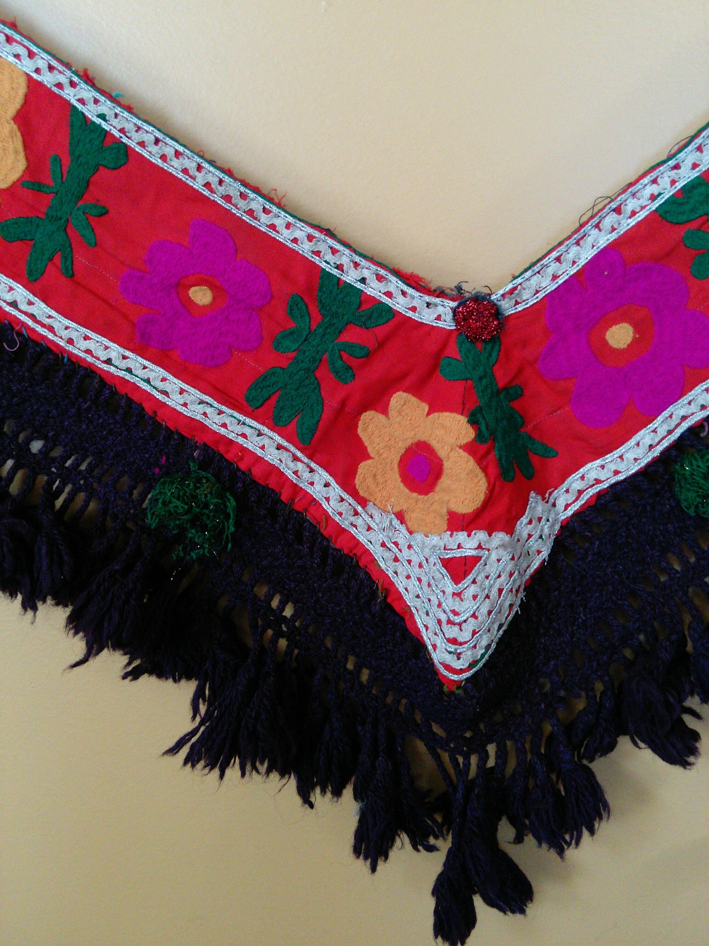 Vintage Uzbek Bright Orange Pink Segusha Embroidery