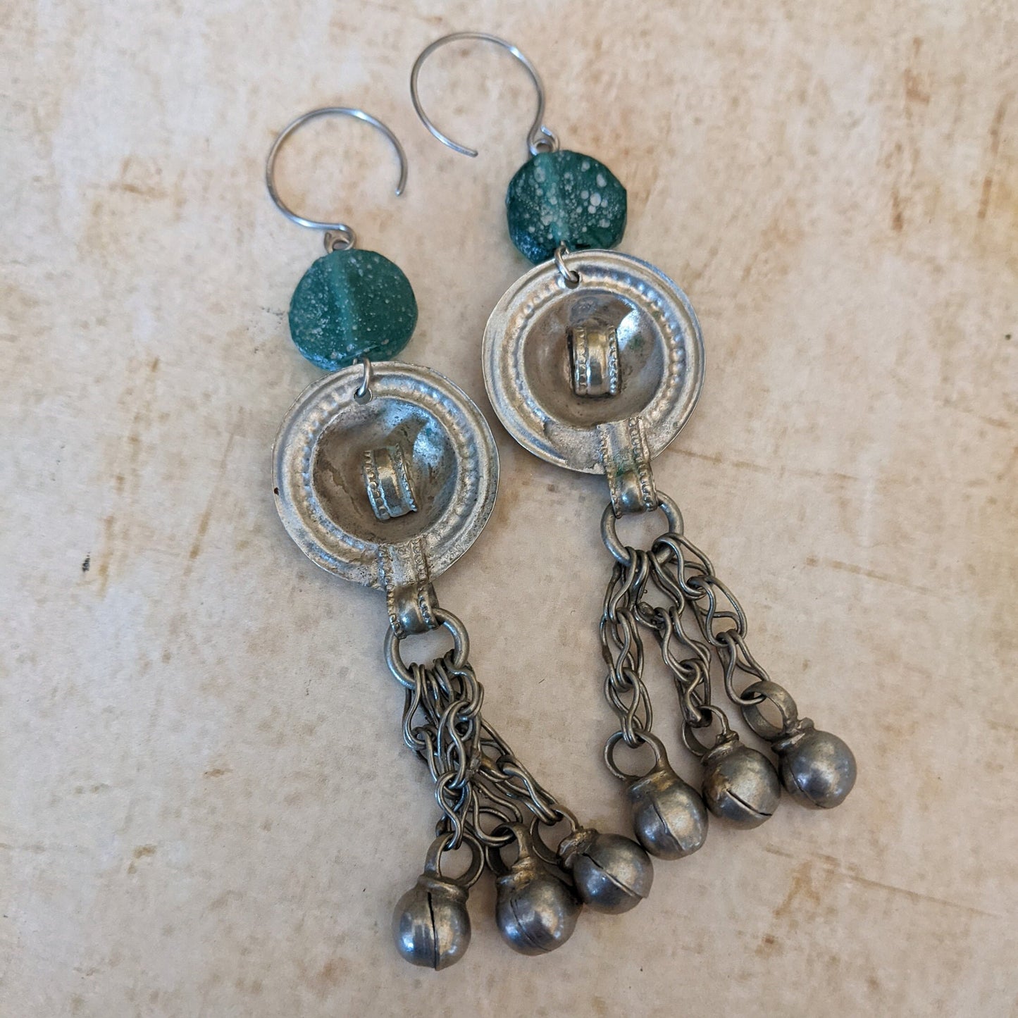 Upcycled Vintage Tribal Earrings with Roman Glass Beads Jingling Jewelry Unique Assemblage 3.75" LONG HEAVY (#13313)