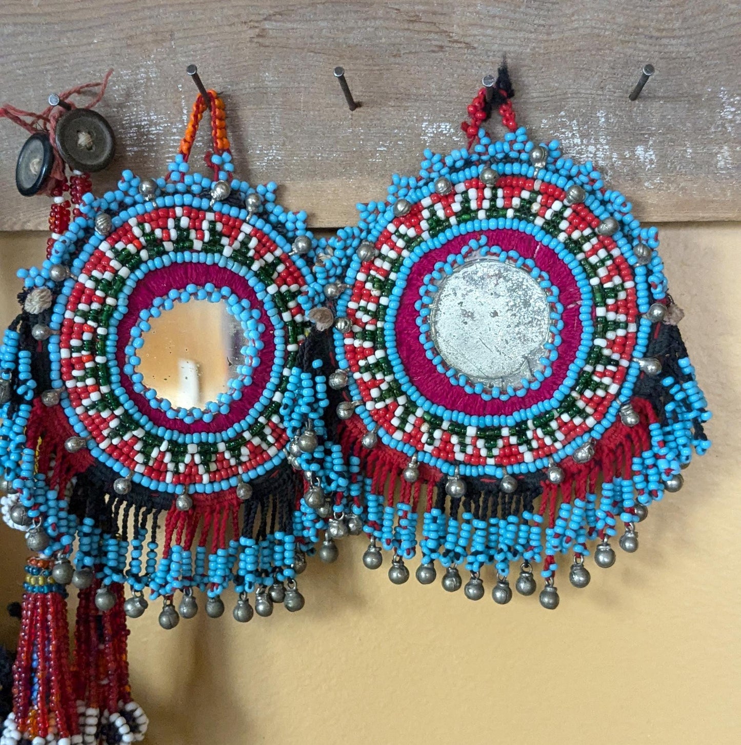 Vintage Kuchi Beaded Tassels Unique Pair Mirror Centers (17154)