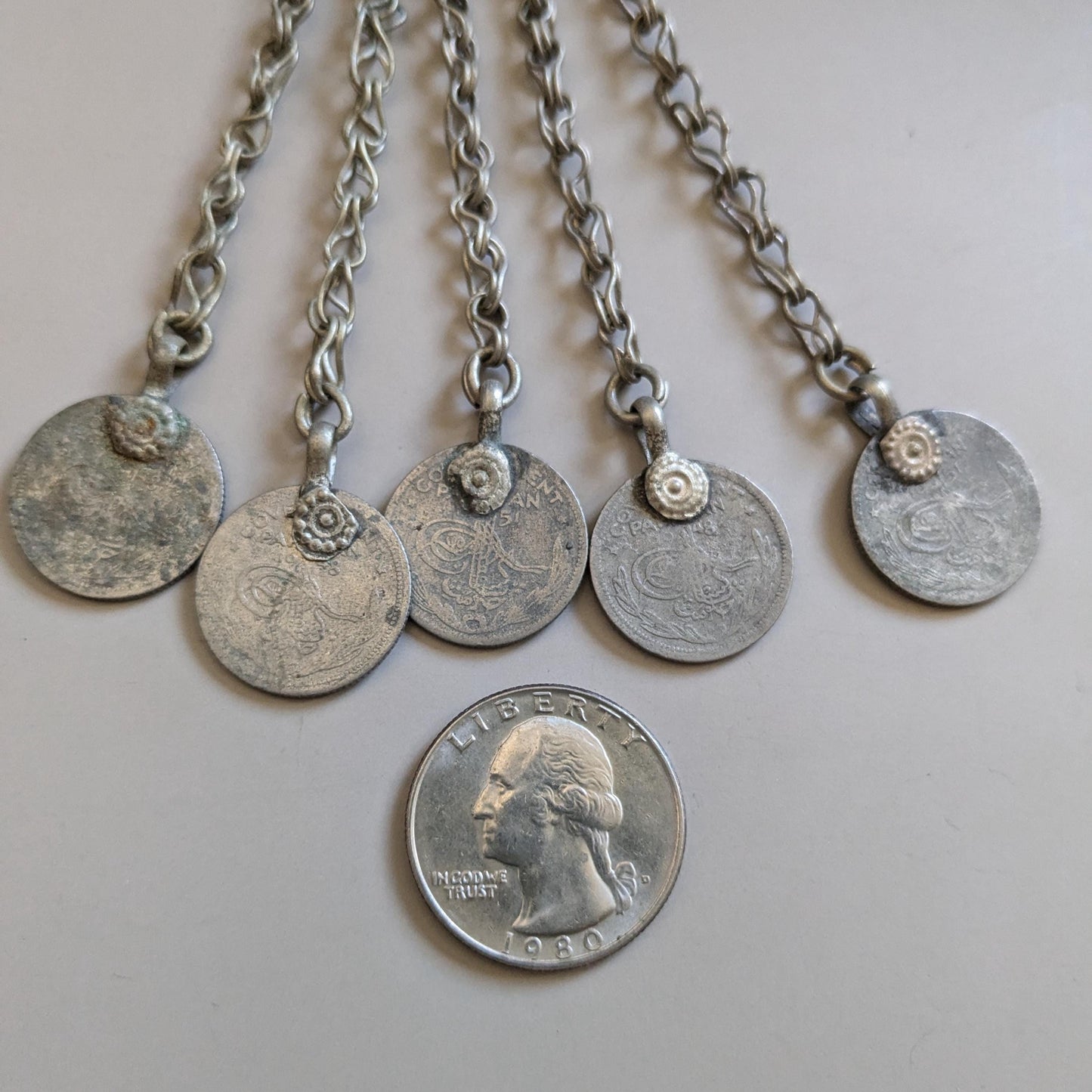 5 Vintage Kuchi Tribal Coin Pendants on Chain Matching Set (16690)