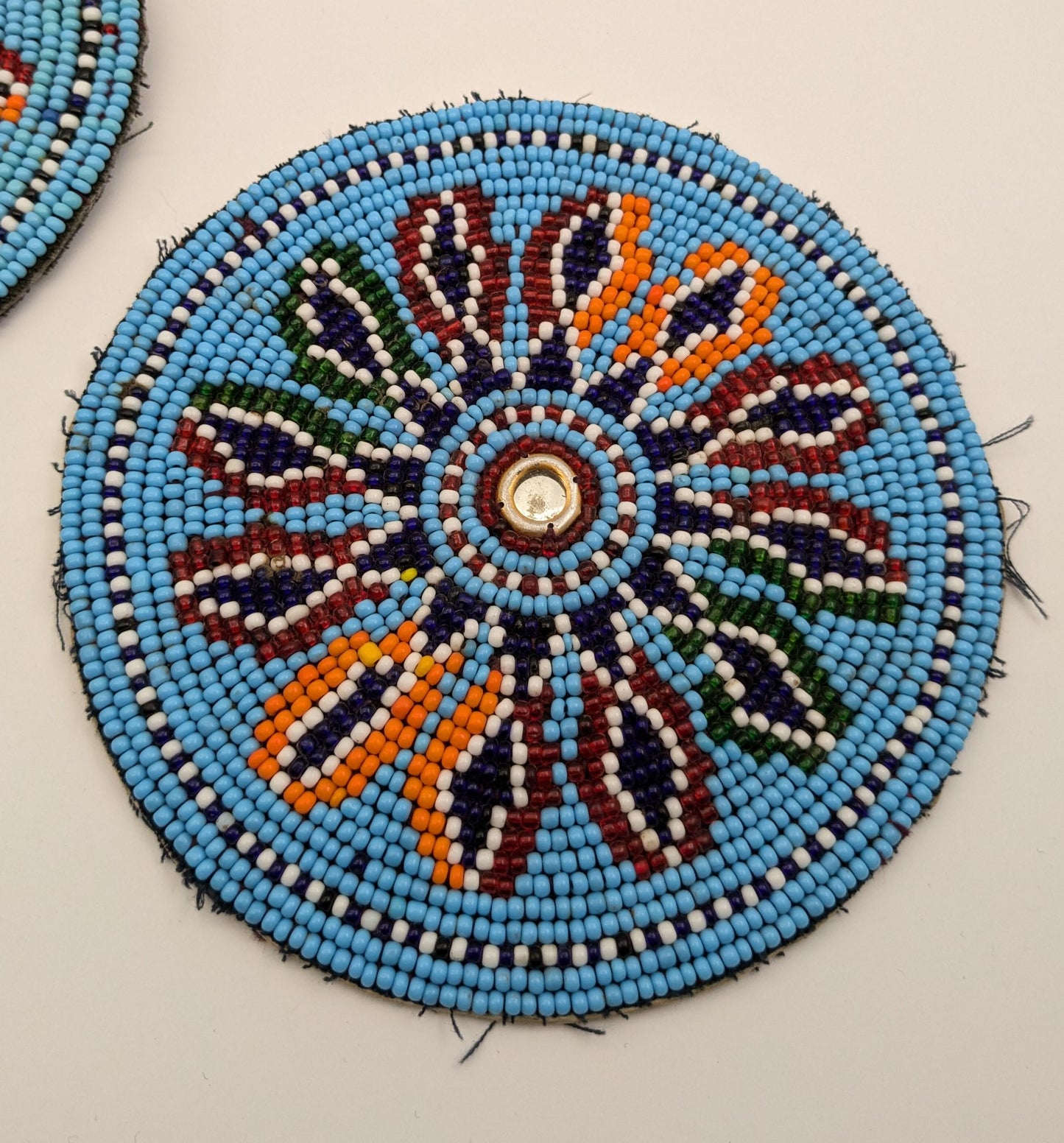 Vintage LARGE Beaded Baloch Light Blue Tribal Flower Patches 5.5" (17143)