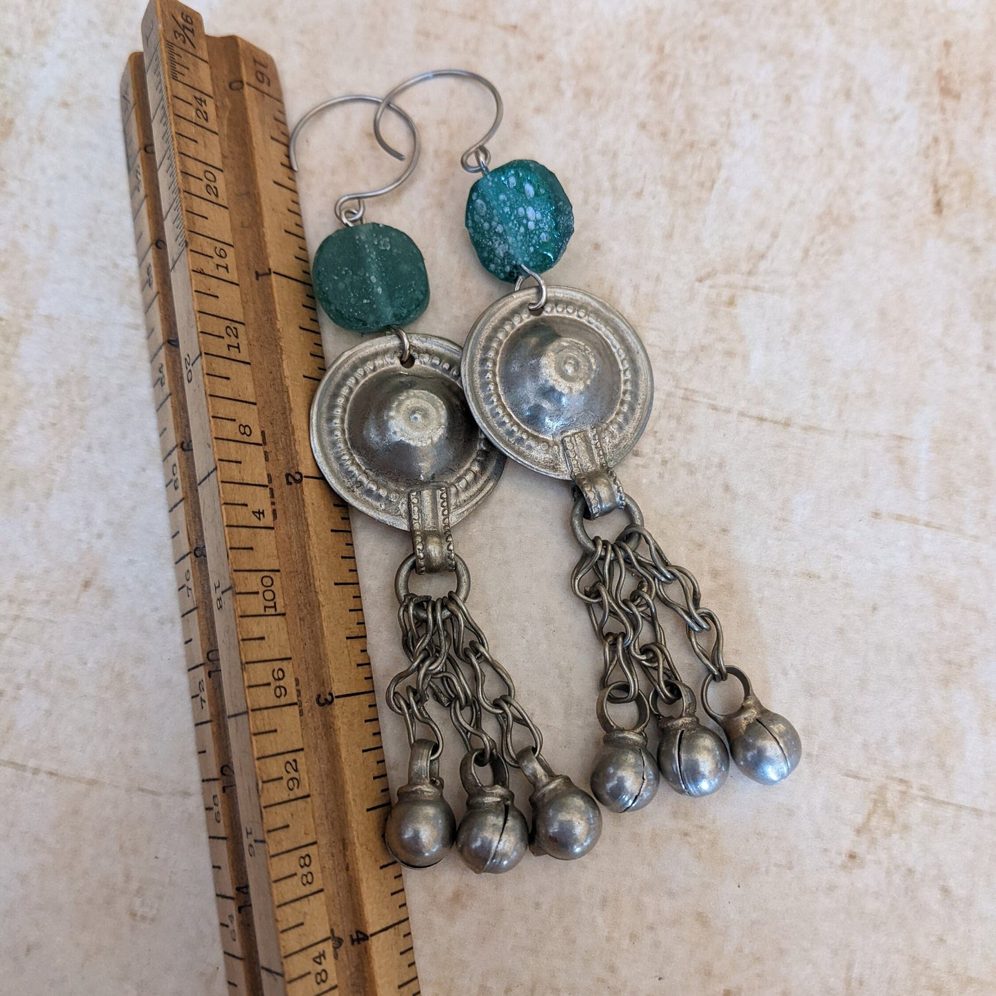 Upcycled Vintage Tribal Earrings with Roman Glass Beads Jingling Jewelry Unique Assemblage 3.75" LONG HEAVY (#13313)