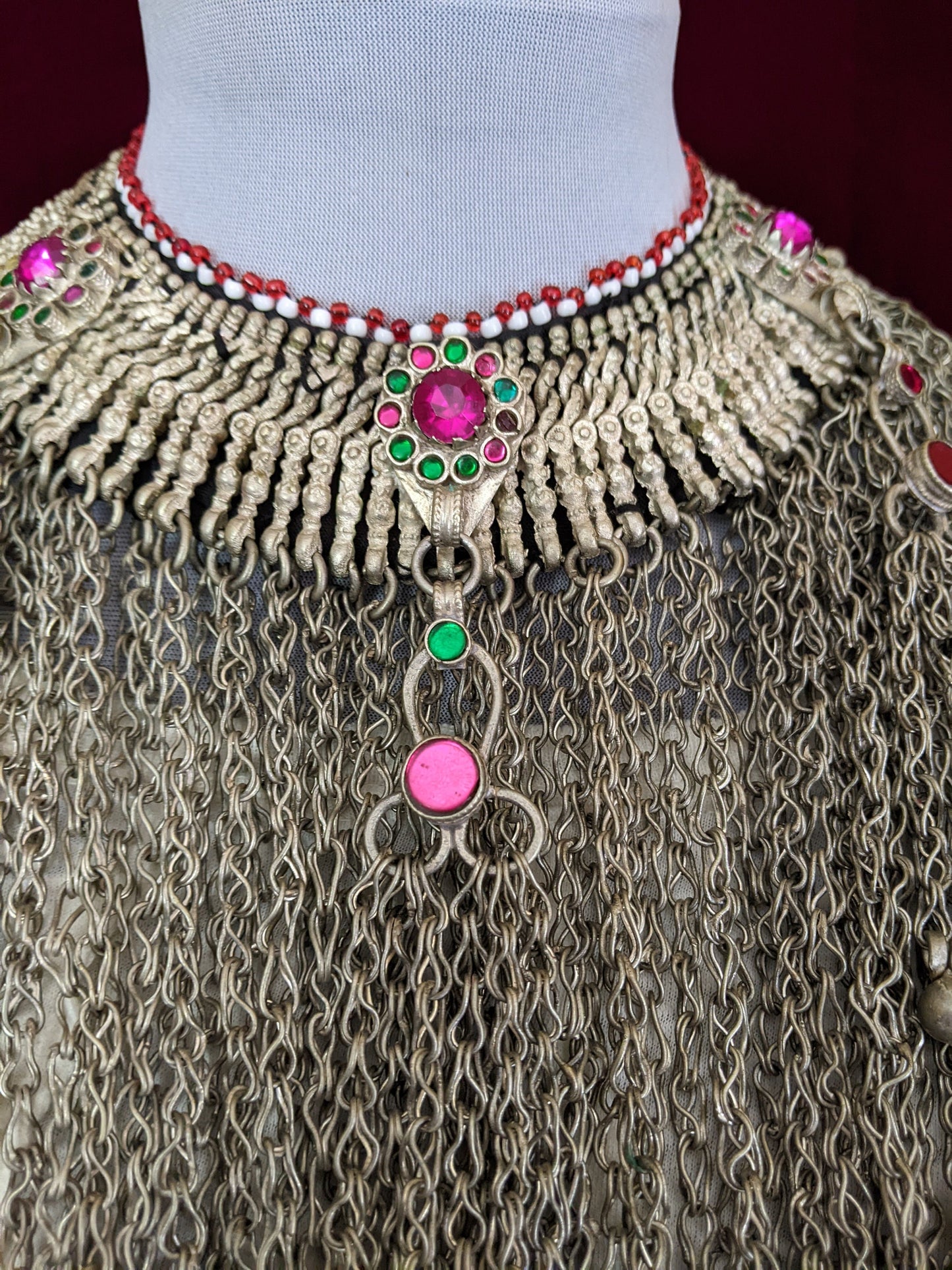 Heavy Vintage Waziri Tribal Choker Pink Flowers Jingling Baubles Unique Jewelry Adornment (#14049)