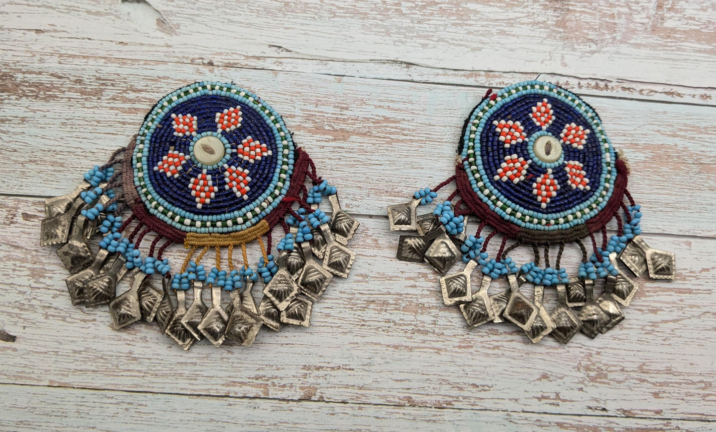 Unique Vintage Kuchi Beaded Gul Patches Jingling Accents Unique Pair (17152)