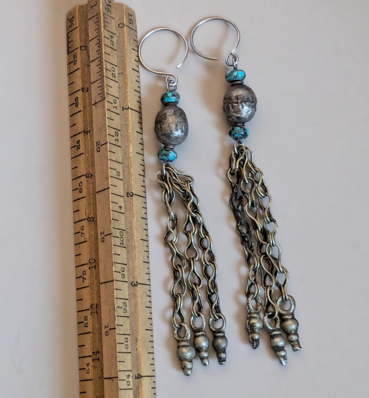 Boho Earrings Vintage Ethiopian Beads Turquoise Kuchi Dangles 4" LONG (16803)