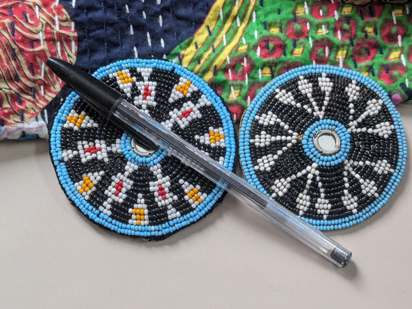 Vintage Beaded Baloch Tribal Gul Flowers Black Beads Non-Matching Pair (17272)