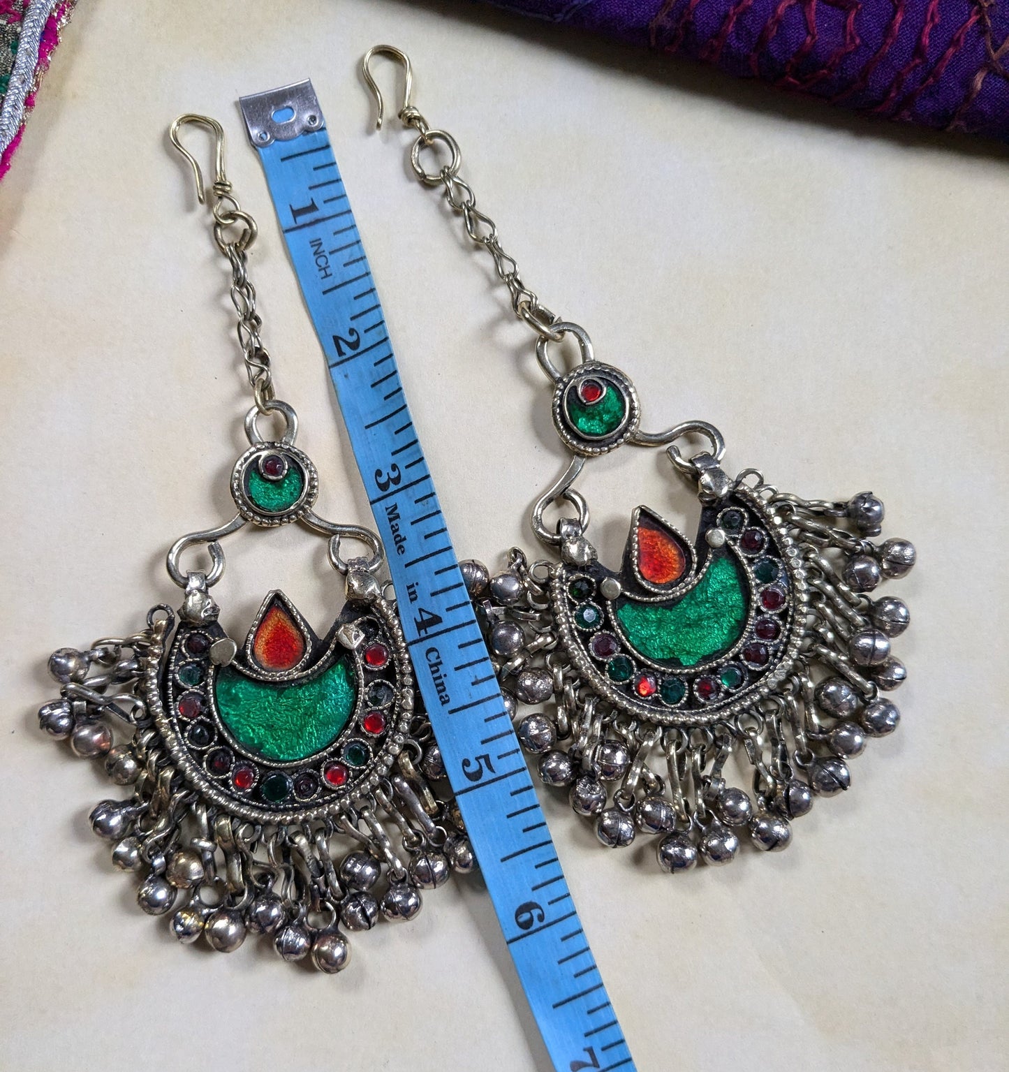 Matching Pair Vintage Kuchi Tribal Hair Pendants Tikka Jhoomer Green Crescent Moon Polished (16388)