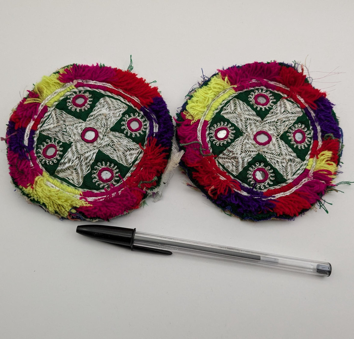 Pair Embroidered Kuchi Gul Round Medallions Colorful Bright (17153)