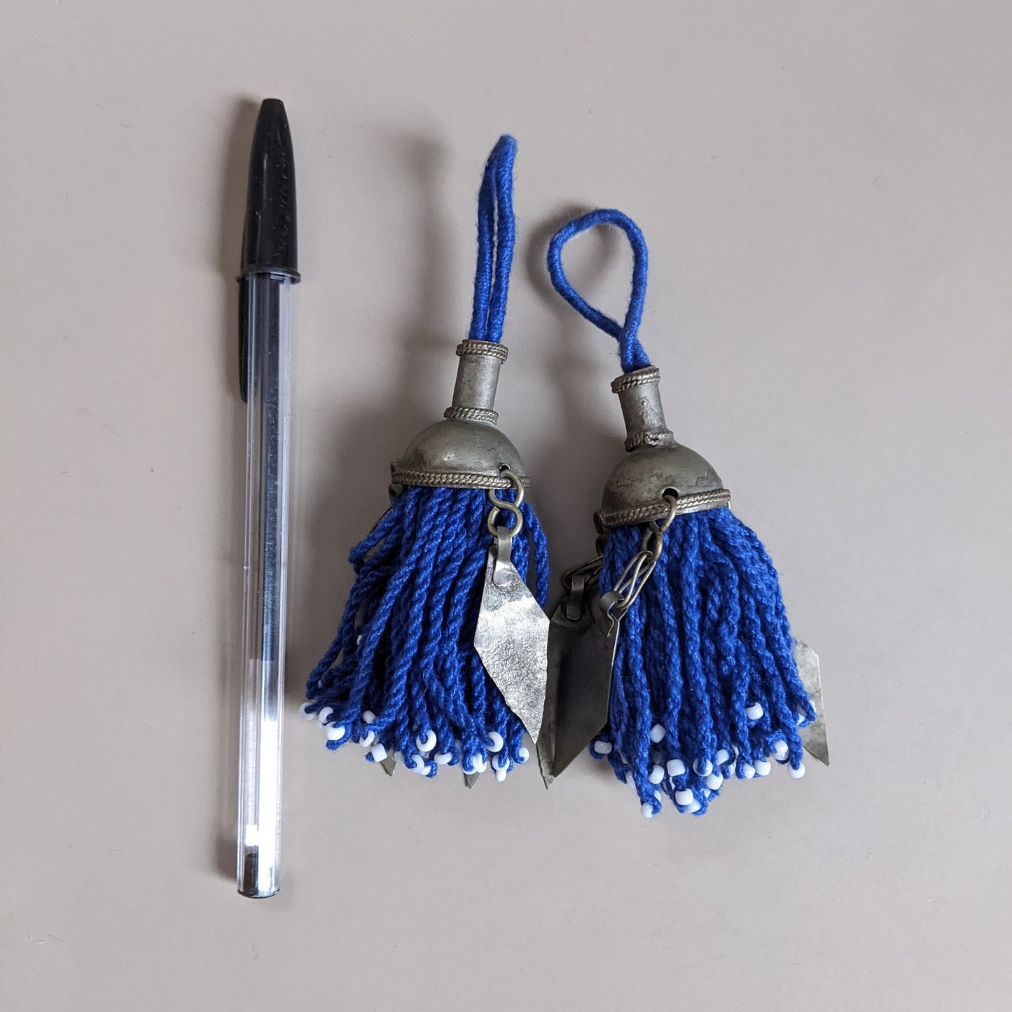 Turkmen Tassels Unique Vintage Tops Pointy Dangles Pair Cobalt Blue (15269)