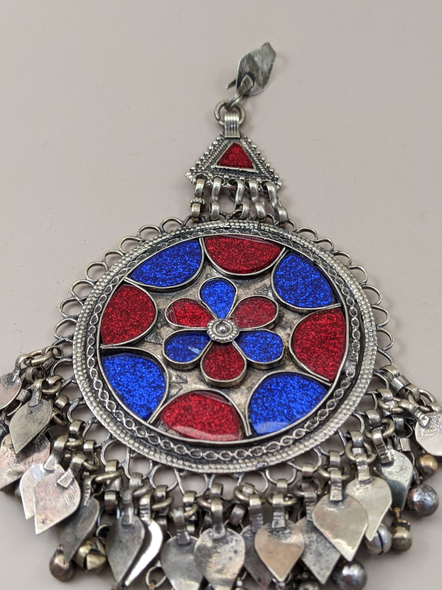 Red & Blue Sparkle Vintage Kuchi Tribal Hair Pendant Polished Floral Motif (15481)