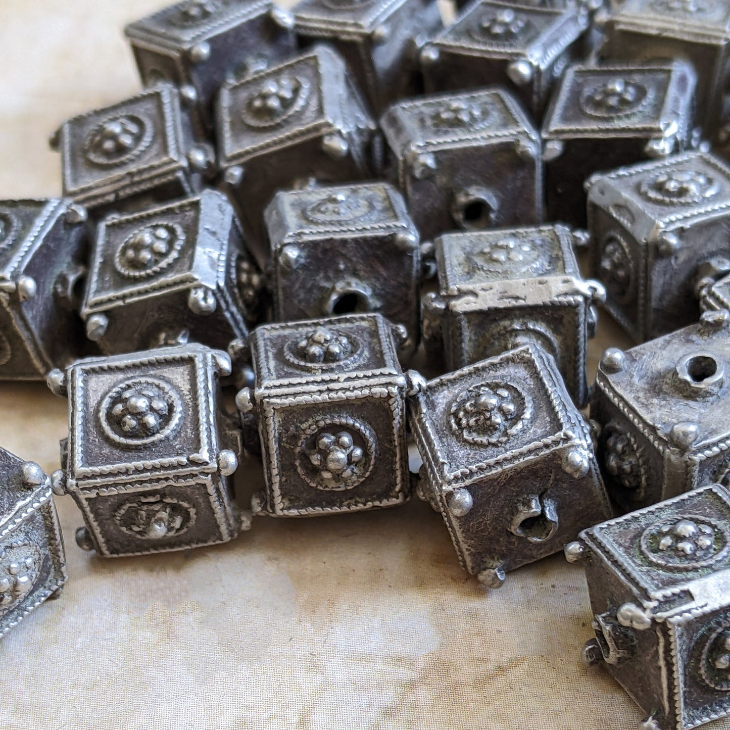 Vintage Silver Beads from Kohistan Pakistan Square with Flowers 10mm x 12mm (15427)