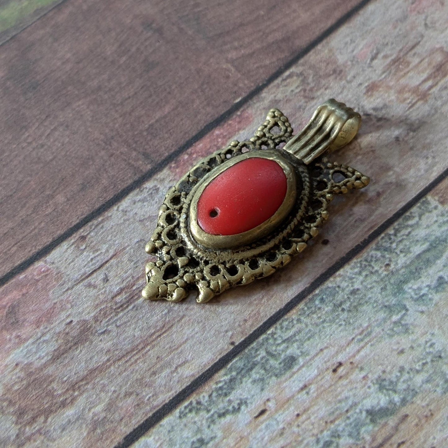 Tribal Pendant Vintage Waziri Focal Orange Glass Center (16566)