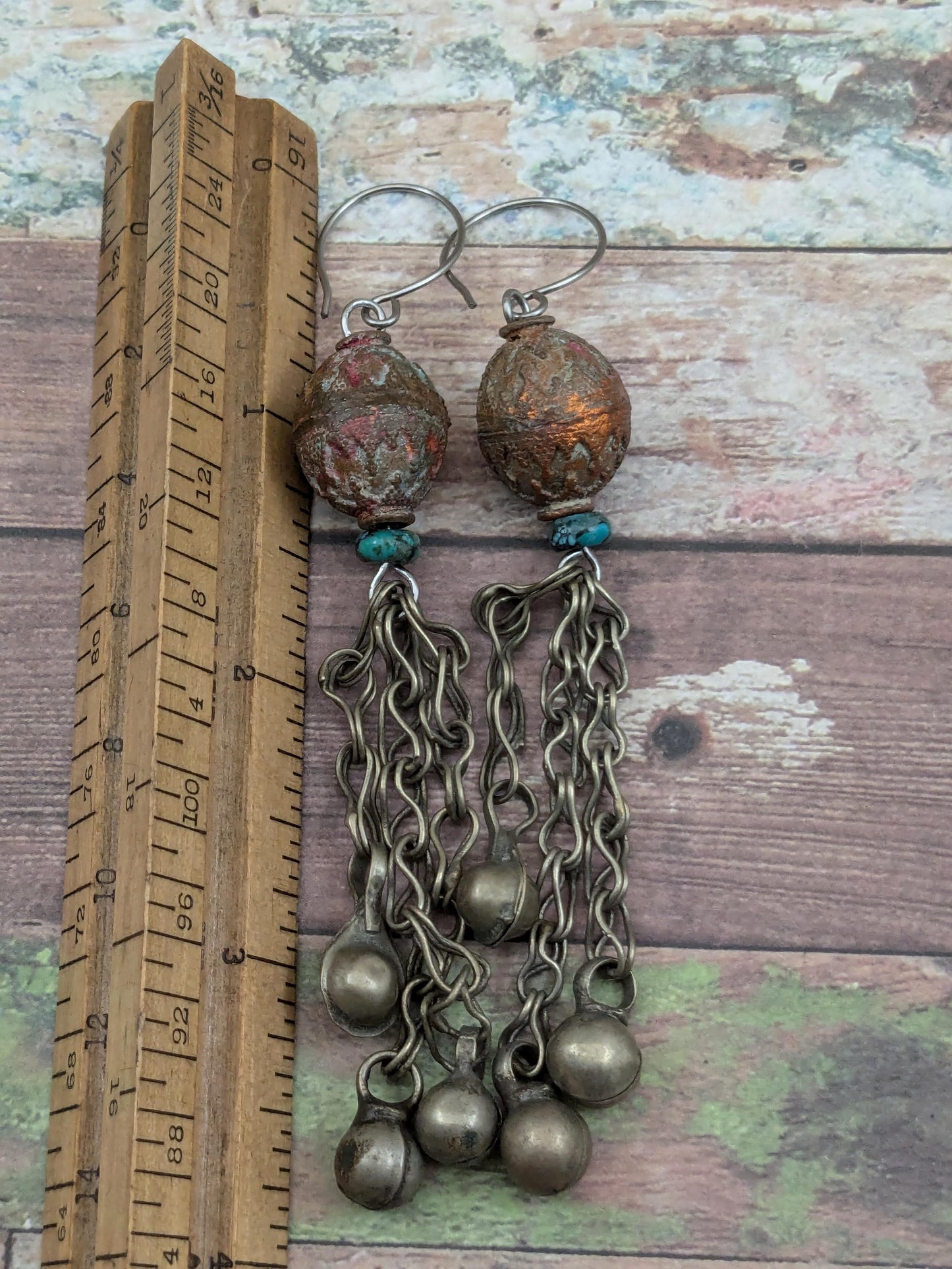 Boho Earrings Central Asian Beads Turquoise Vintage Kuchi Dangles Jingling Talisman Jewelry (16662)