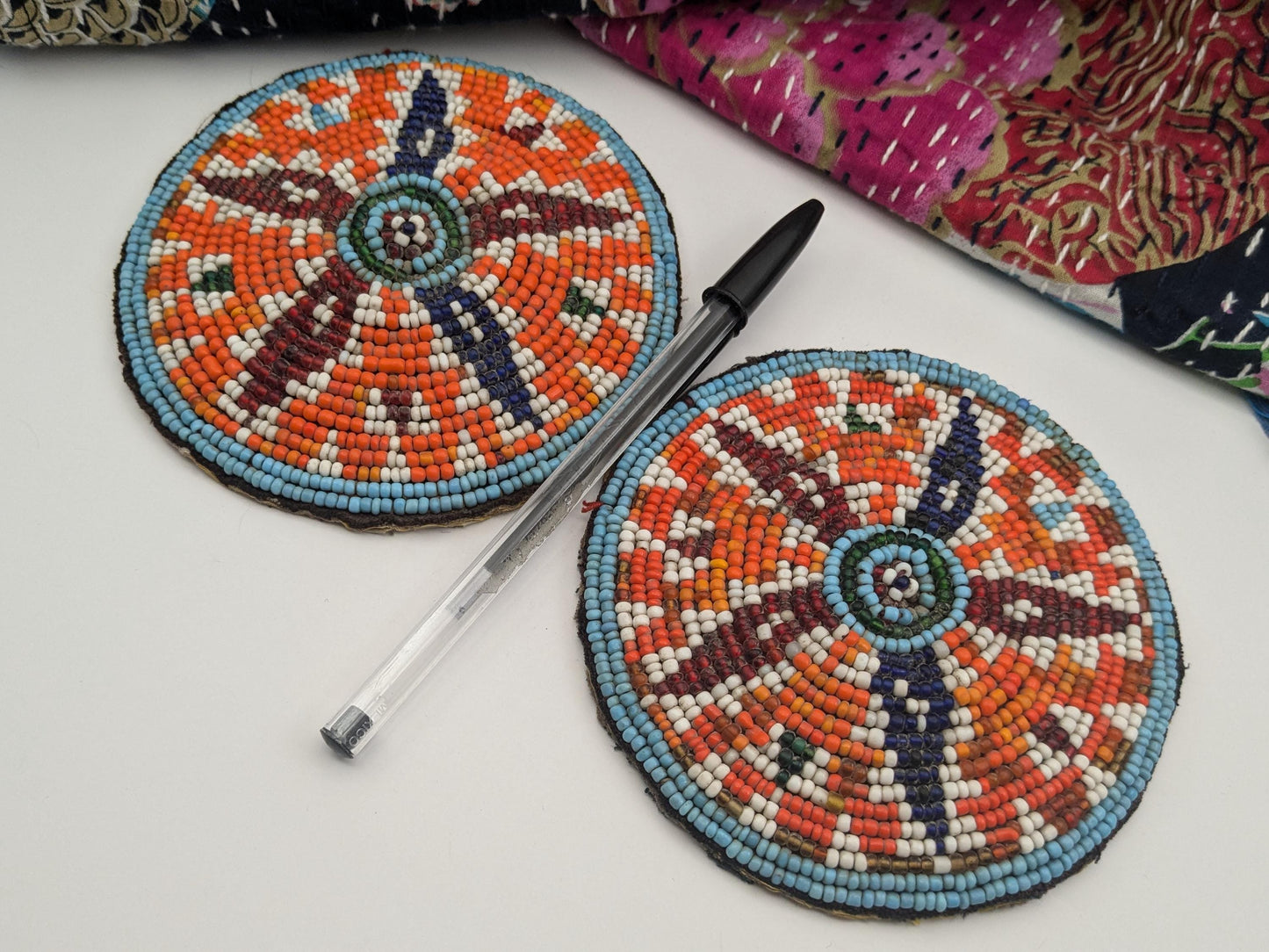 Vintage Kuchi Tribal Gul Flowers Beaded Patches Large Pair 4.5" (17260)