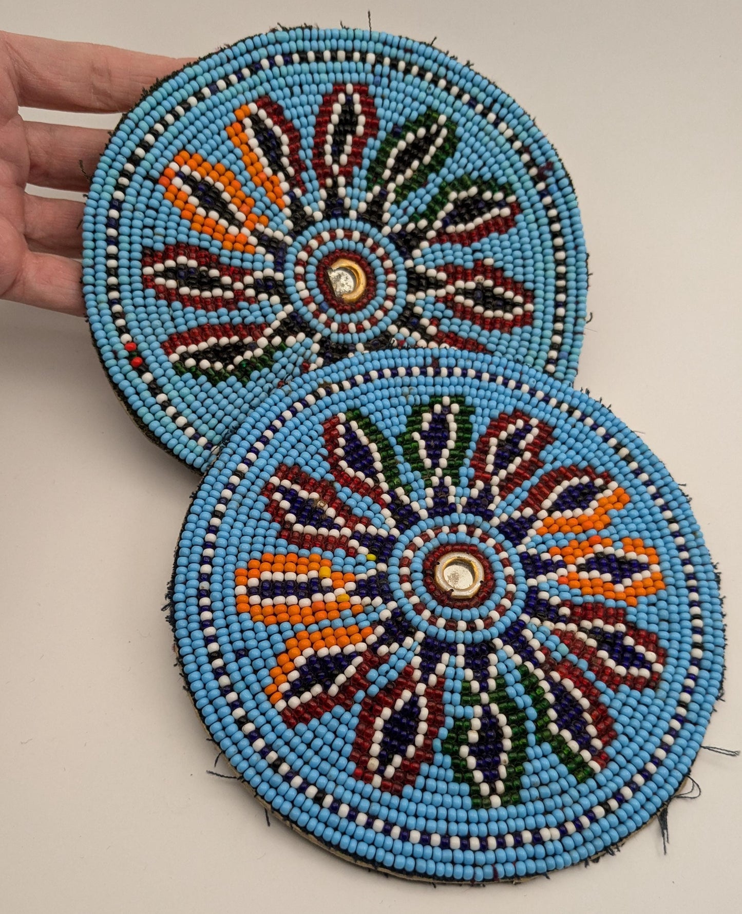 Vintage LARGE Beaded Baloch Light Blue Tribal Flower Patches 5.5" (17143)