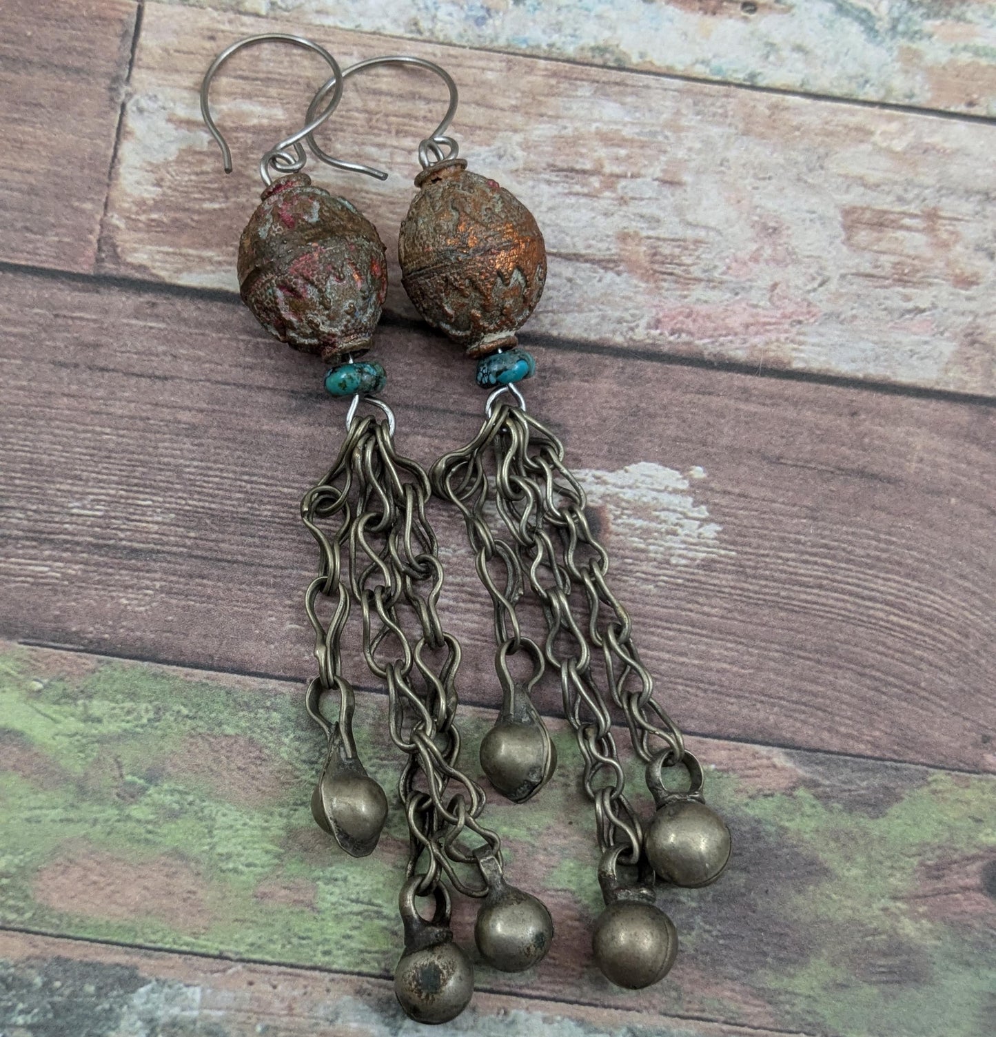 Boho Earrings Central Asian Beads Turquoise Vintage Kuchi Dangles Jingling Talisman Jewelry (16662)