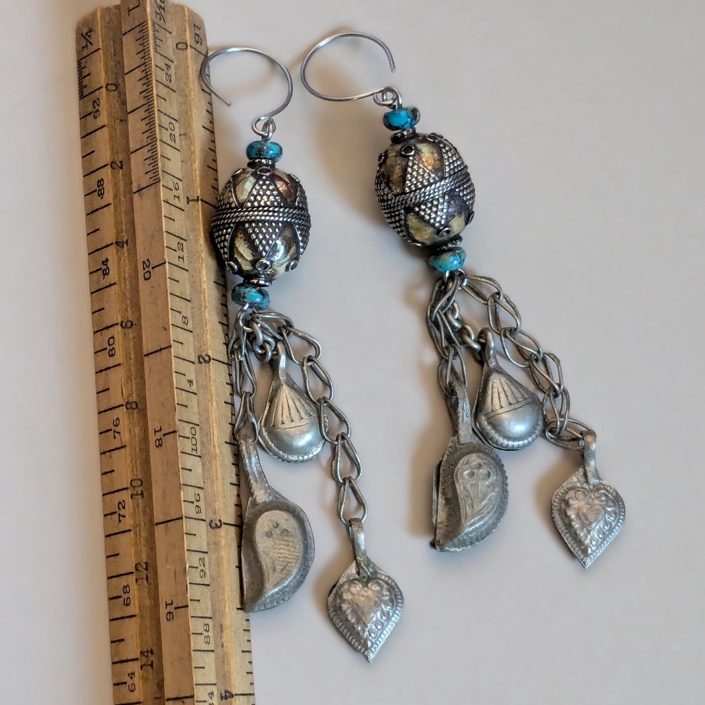 Tribal Style Earrings Kazakh Beads Turquoise Vintage Kuchi Dangles Jingling Talisman Jewelry (16806)