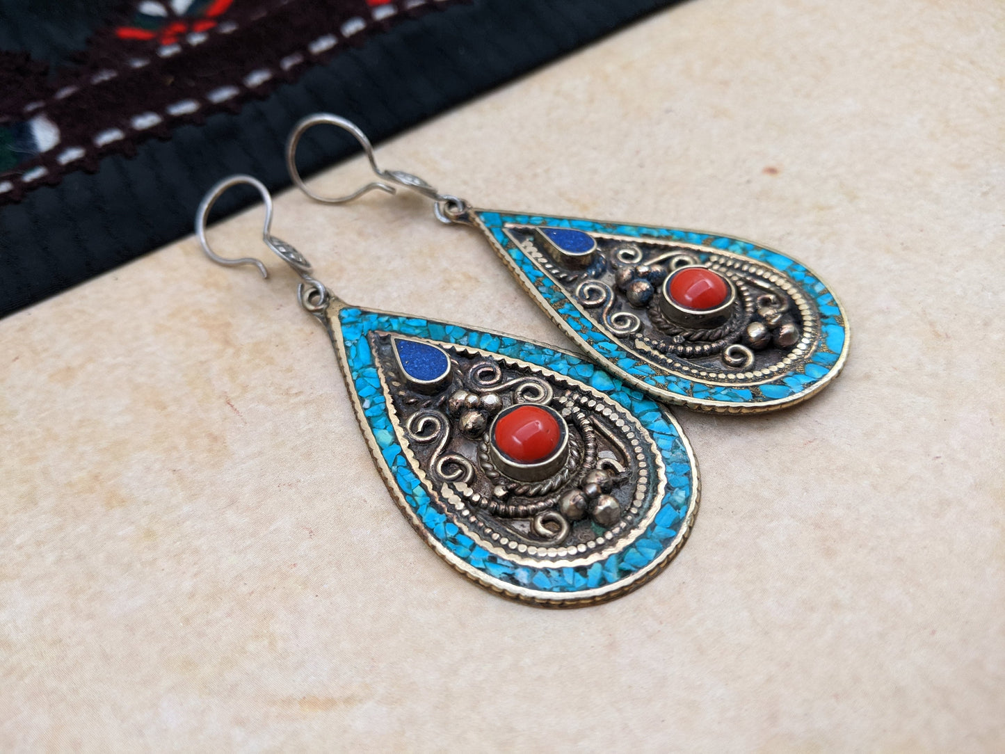 Ethnic Earrings Big HEAVY Droplets Sterling Ear Wire Silver Plated 3" (#13910)