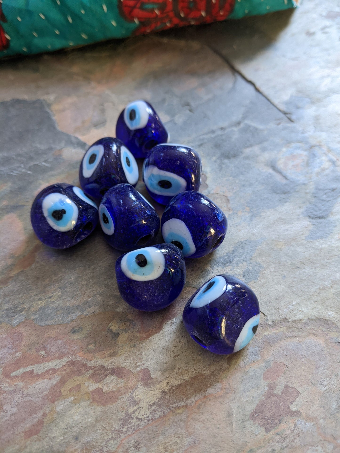 Blue White Vintage Turkish Evil Eye Glass Beads Talisman Pinched Shape 8 Beads (15538)