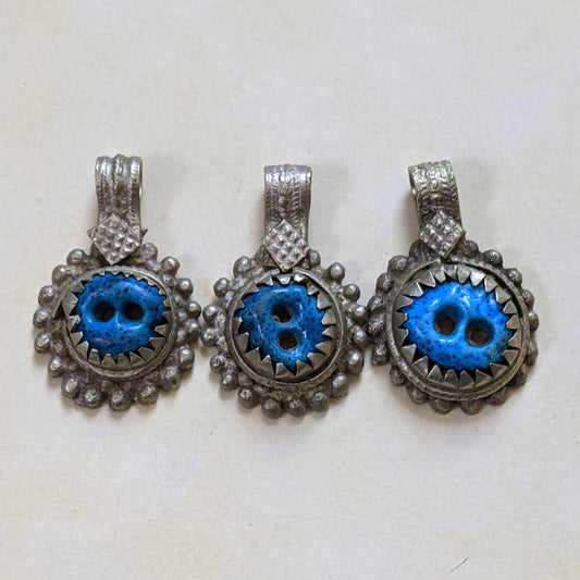 3 Vintage Afghan Pendants Blue Centers Talisman Jewelry Components (15452)