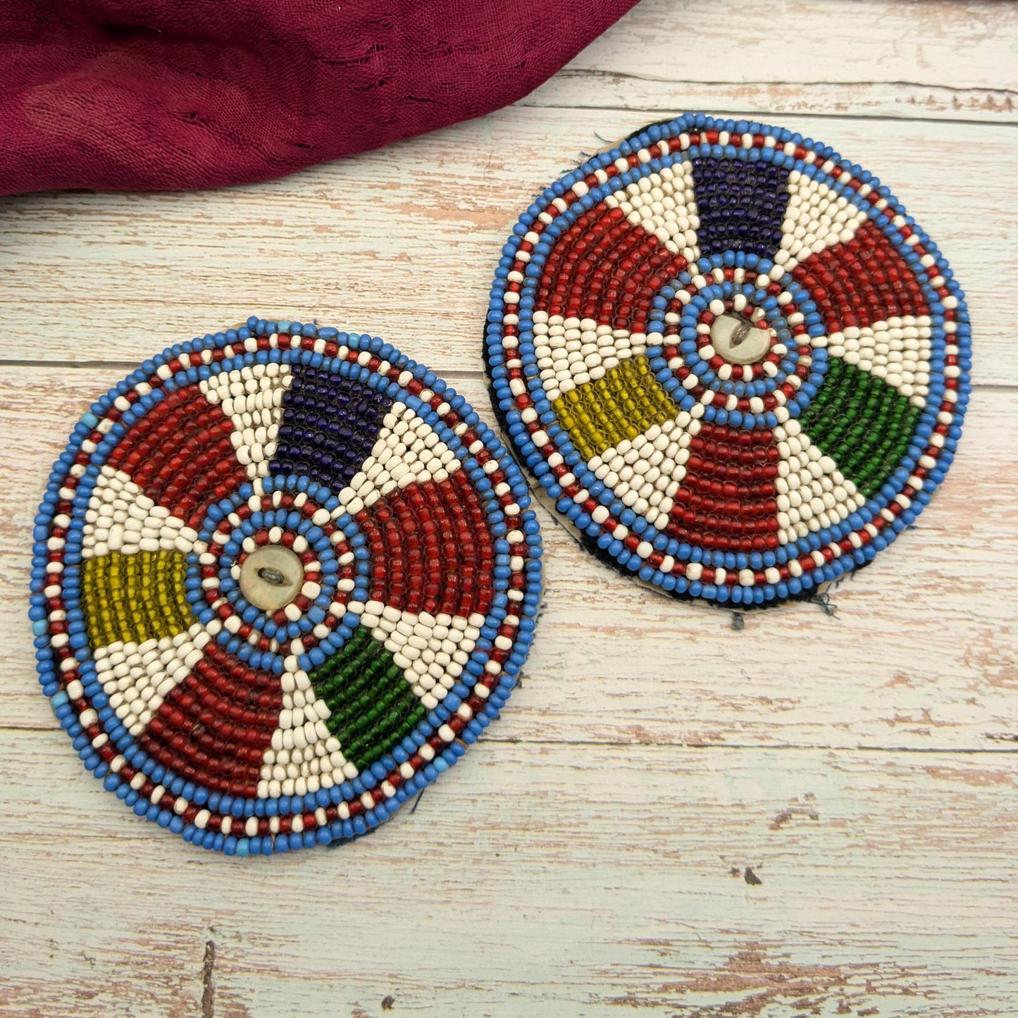 Vintage Balochi Tribal Beaded Patches Pair Gul Flowers 3.75" (17155)