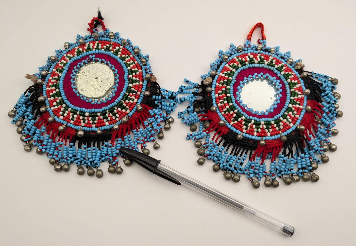 Vintage Kuchi Beaded Tassels Unique Pair Mirror Centers (17154)