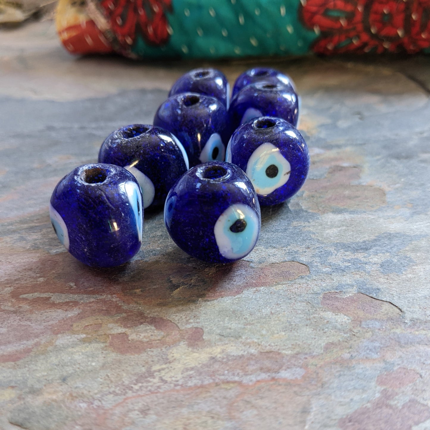 Blue White Vintage Turkish Evil Eye Glass Beads Talisman Pinched Shape 8 Beads (15538)